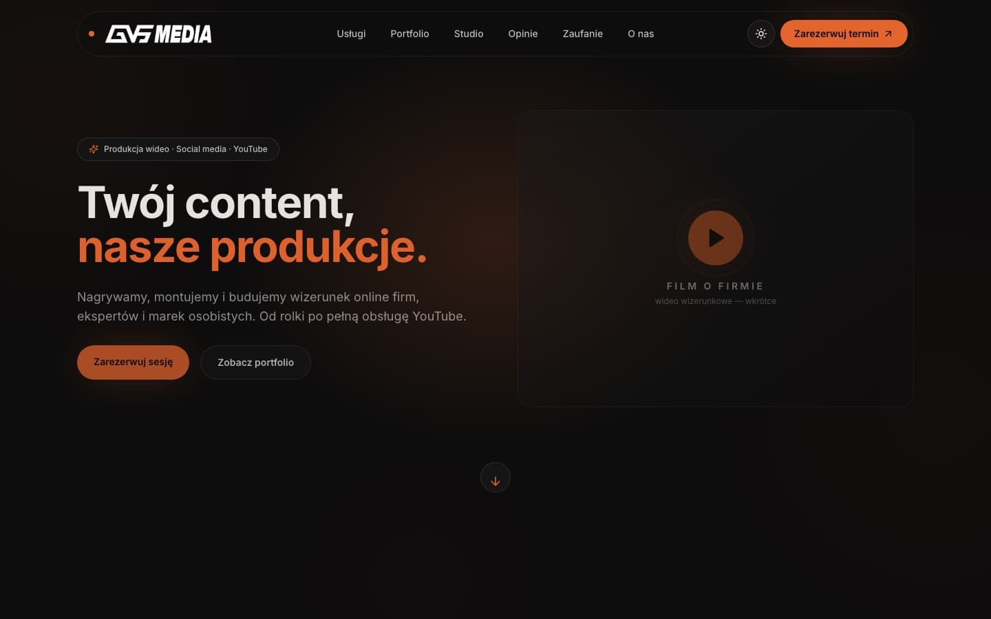 Strona GVS Media, ciemny pierwszy ekran studia produkcji wideo